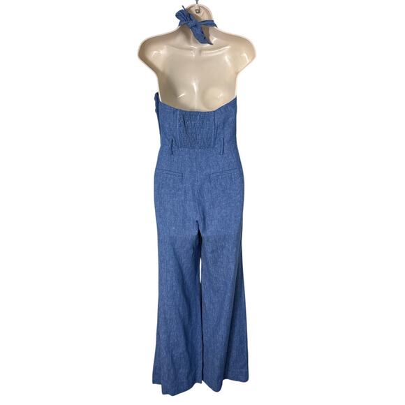 Anthropologie Elevenses Sharlene Halter Linen Blend Denim Jumpsuit Size 6 - Picture 4 of 13